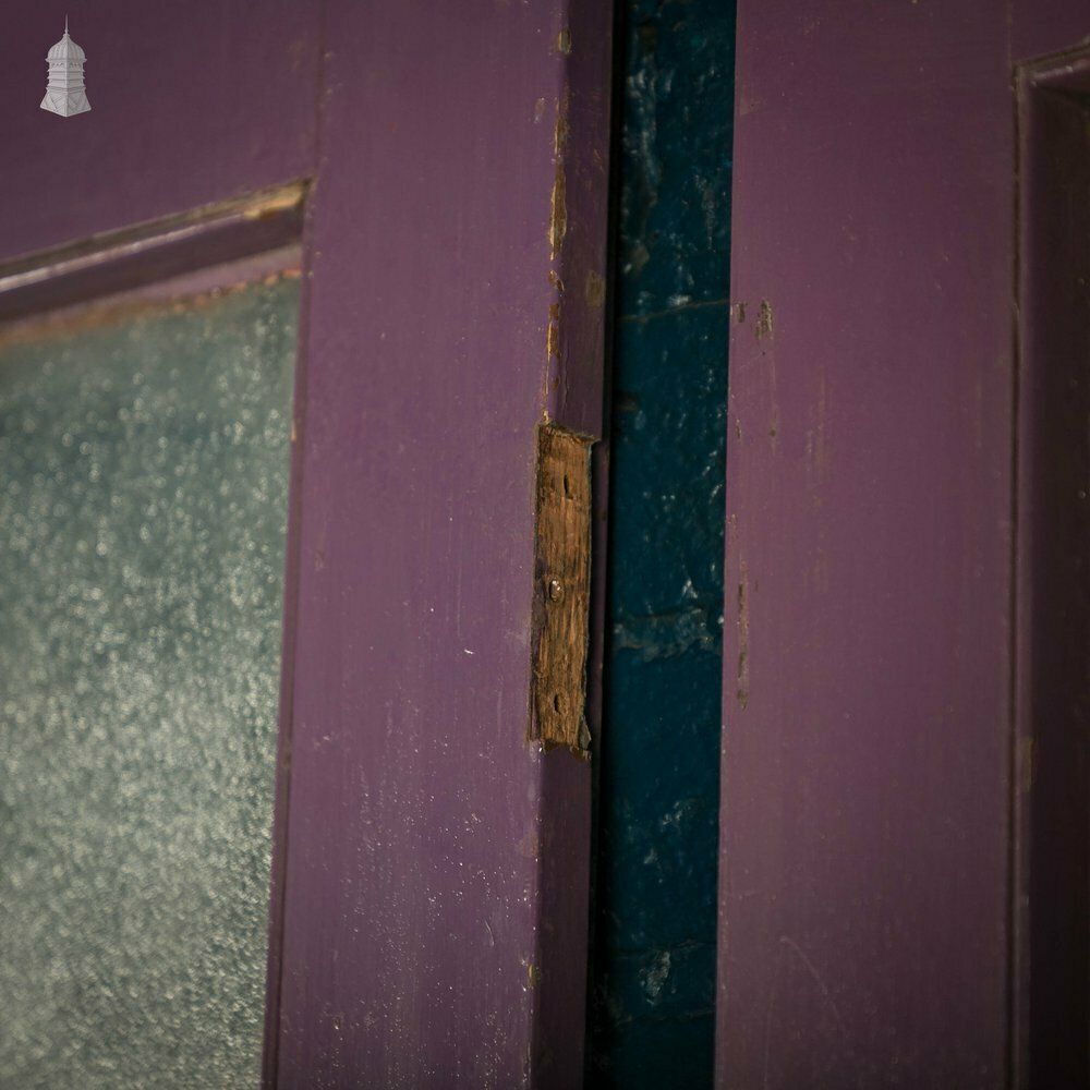 Half Glazed Doors Batch Of 4 Purple Painted Doors Fitted With  Cathedral Style  Textured Glass photo vintage