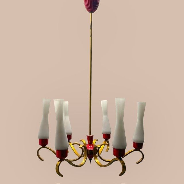 Brass Red Opaline Glass Chandelier 1950’s photo for sale