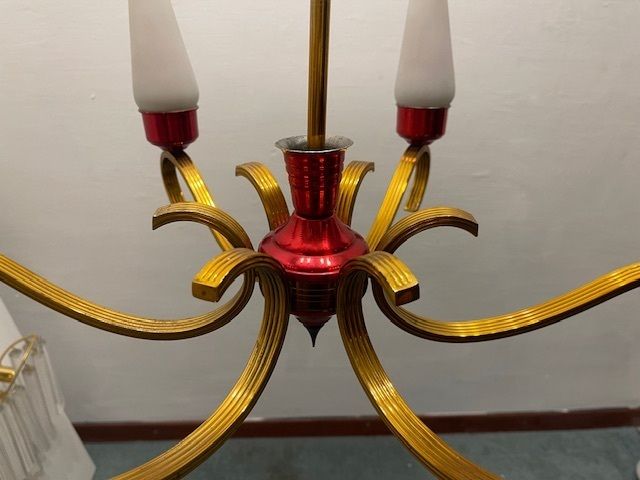 Brass Red Opaline Glass Chandelier 1950’s photo buy