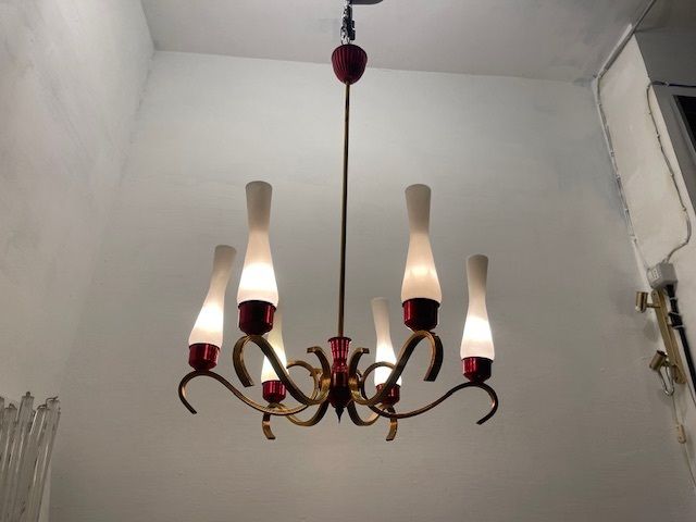 Brass Red Opaline Glass Chandelier 1950’s photo vintage