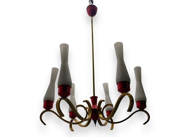 photo for sale Brass Red Opaline Glass Chandelier 1950’s