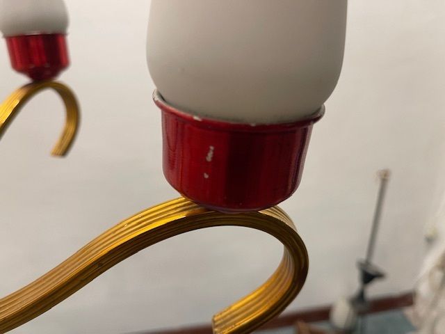 Lighting Brass Red Opaline Glass Chandelier 1950’s photo