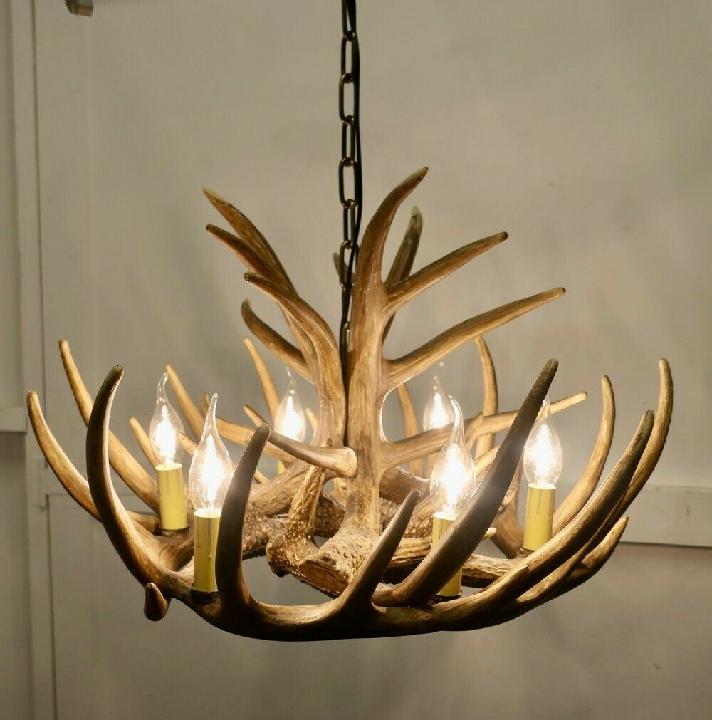 Large Simulated Black Forrest Stag Antler Hanging Chandelier photo Lighting