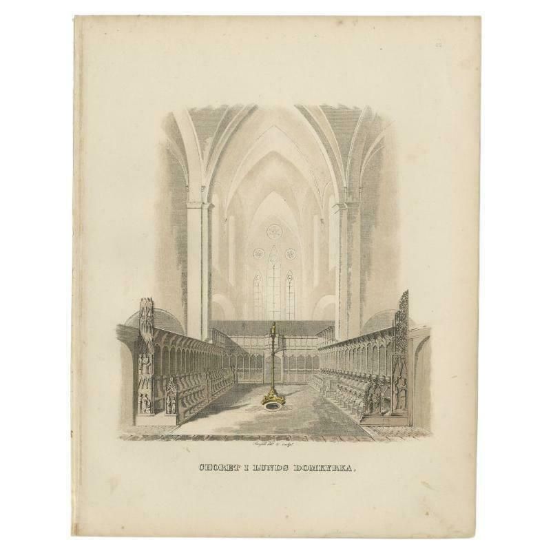 Antique Print Of The Interior Of Lund Cathedral By Sandberg, C.1864