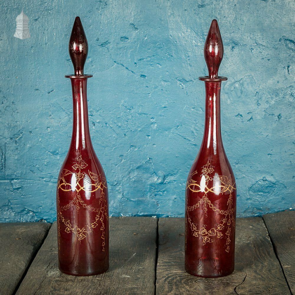 Bohemian Ruby Decanters, Etched Flashed Ruby Red Glass Decorated With Grapes And Vines, 19th C photo furniture