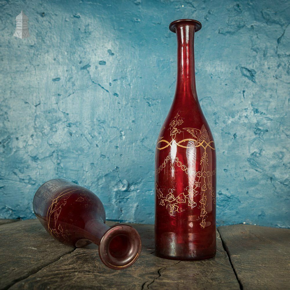 Bohemian Ruby Decanters, Etched Flashed Ruby Red Glass Decorated With Grapes And Vines, 19th C photo vinterior