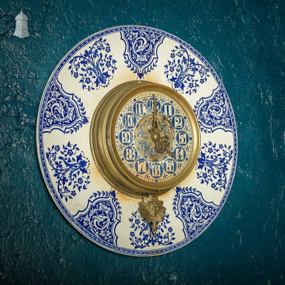 French Wall Clock, 19th C Brass And Blue And White Ceramic