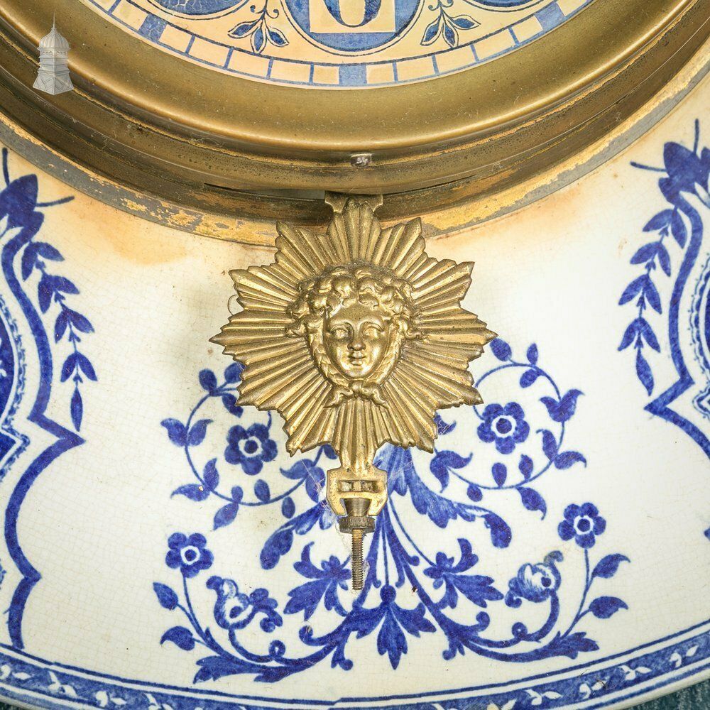 French Wall Clock, 19th C Brass And Blue And White Ceramic photo Home Decor