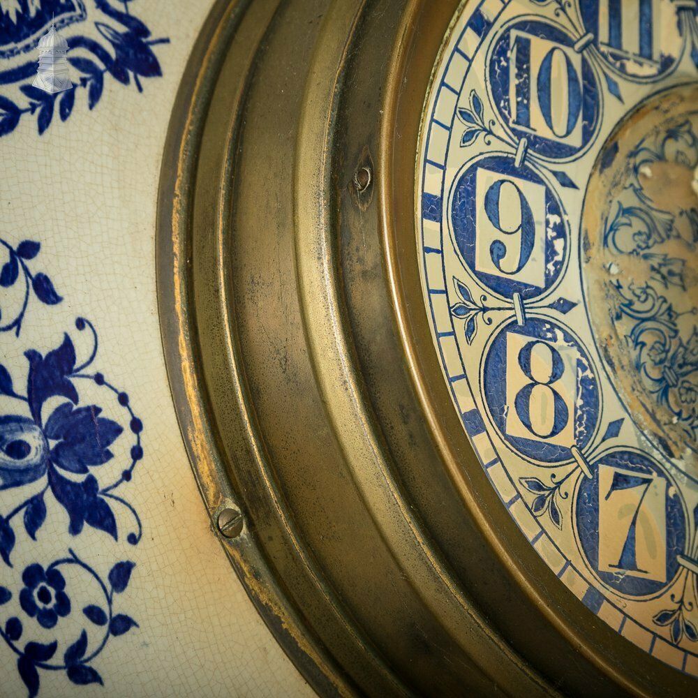 French Wall Clock, 19th C Brass And Blue And White Ceramic photo vinterior