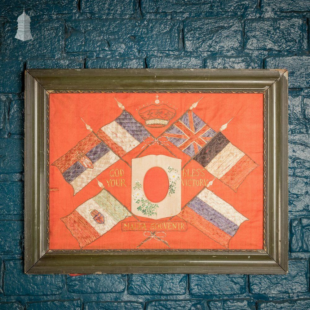 Allied Flags Embroidered Panel, ‘God Bless Your Victory Malta Souvenir’ Framed
