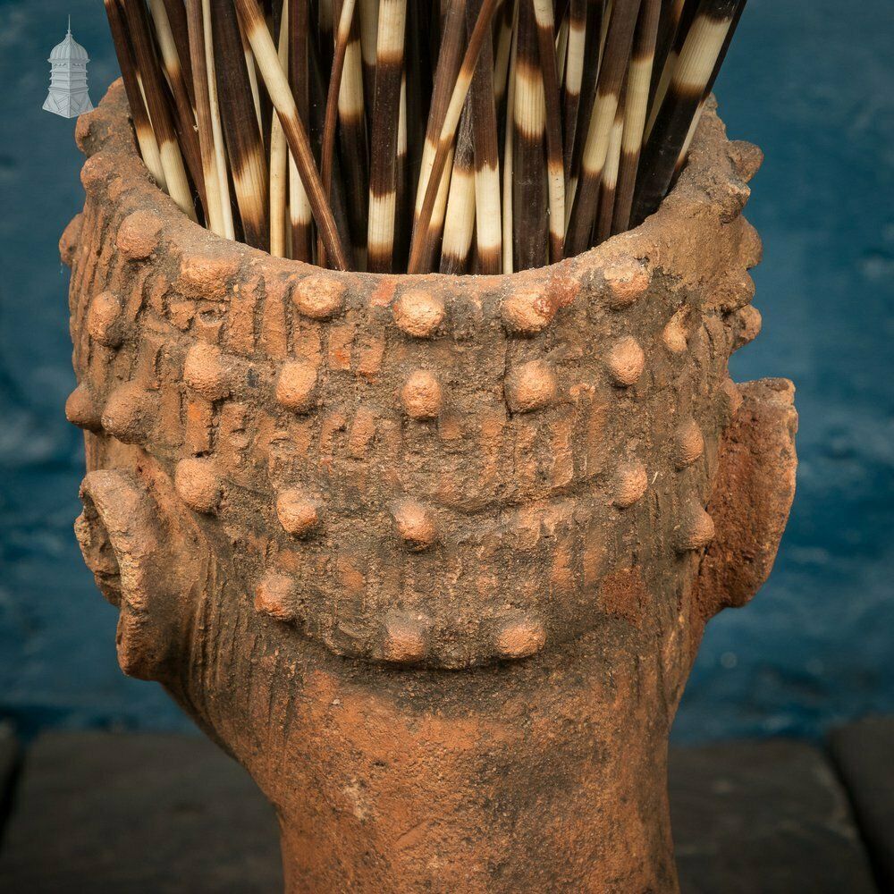 photo furniture Vintage Clay Head Planter With Porcupine Quill Hair