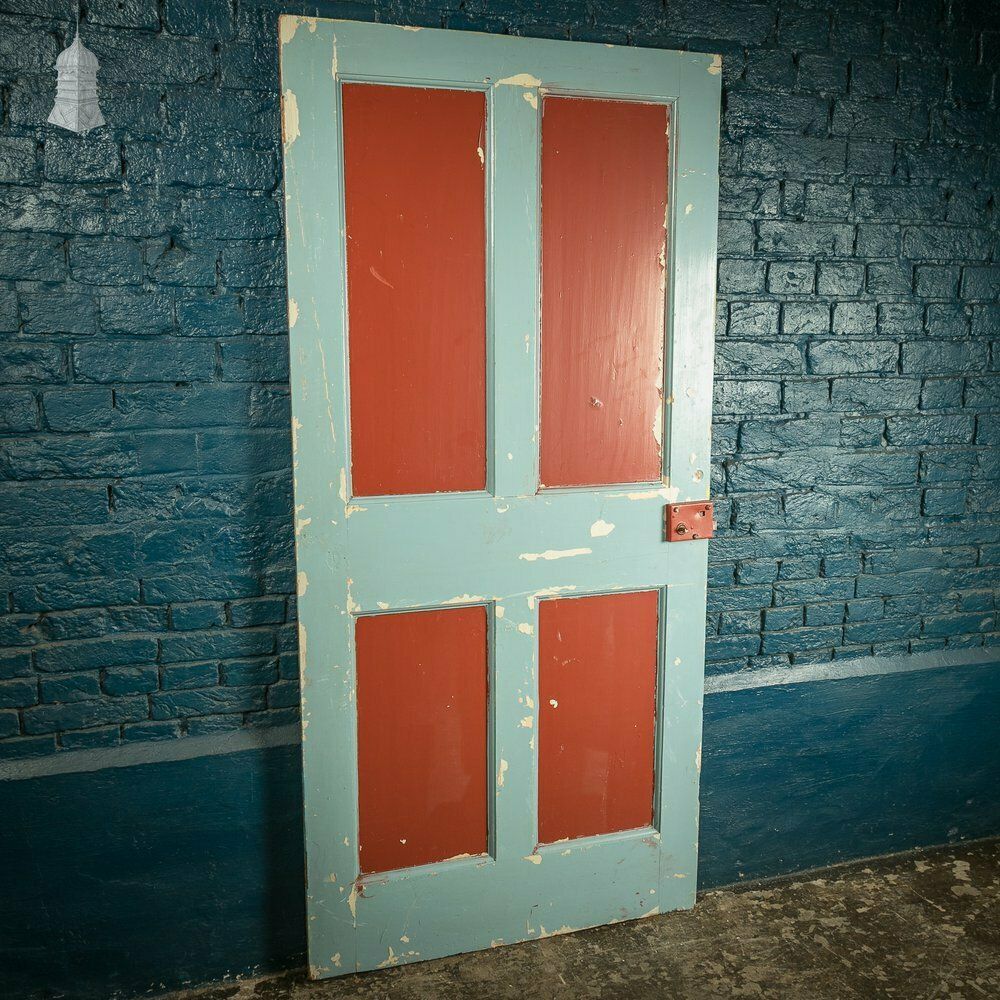 4 Panel Door, Blue And Ped Painted Victorian Internal Door photo vintage