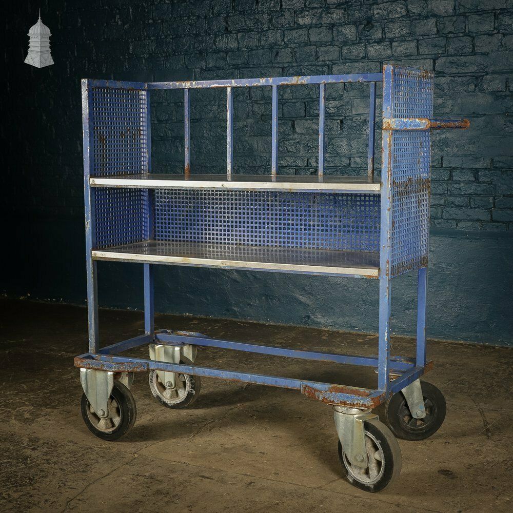 Vintage Blue Steel Wheeled Industrial Trolley Shelf Unit