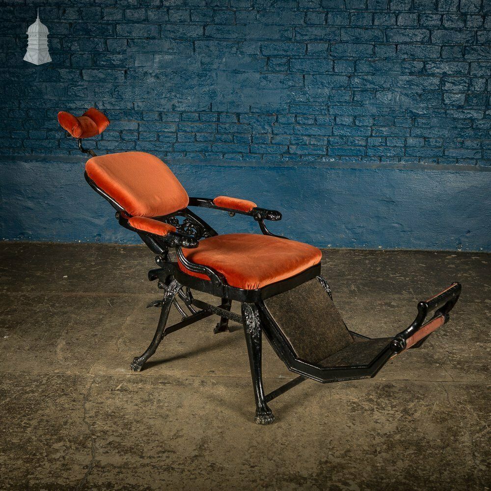 19th C Cast Iron Reclining Barbers Chair With Removable Head Rest photo vinterior