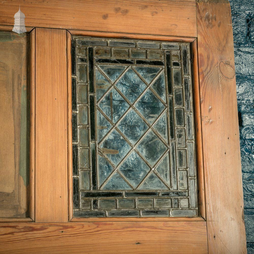 540.0 Pitch Pine Paneled Door With Leaded Glass Window, Victorian photo