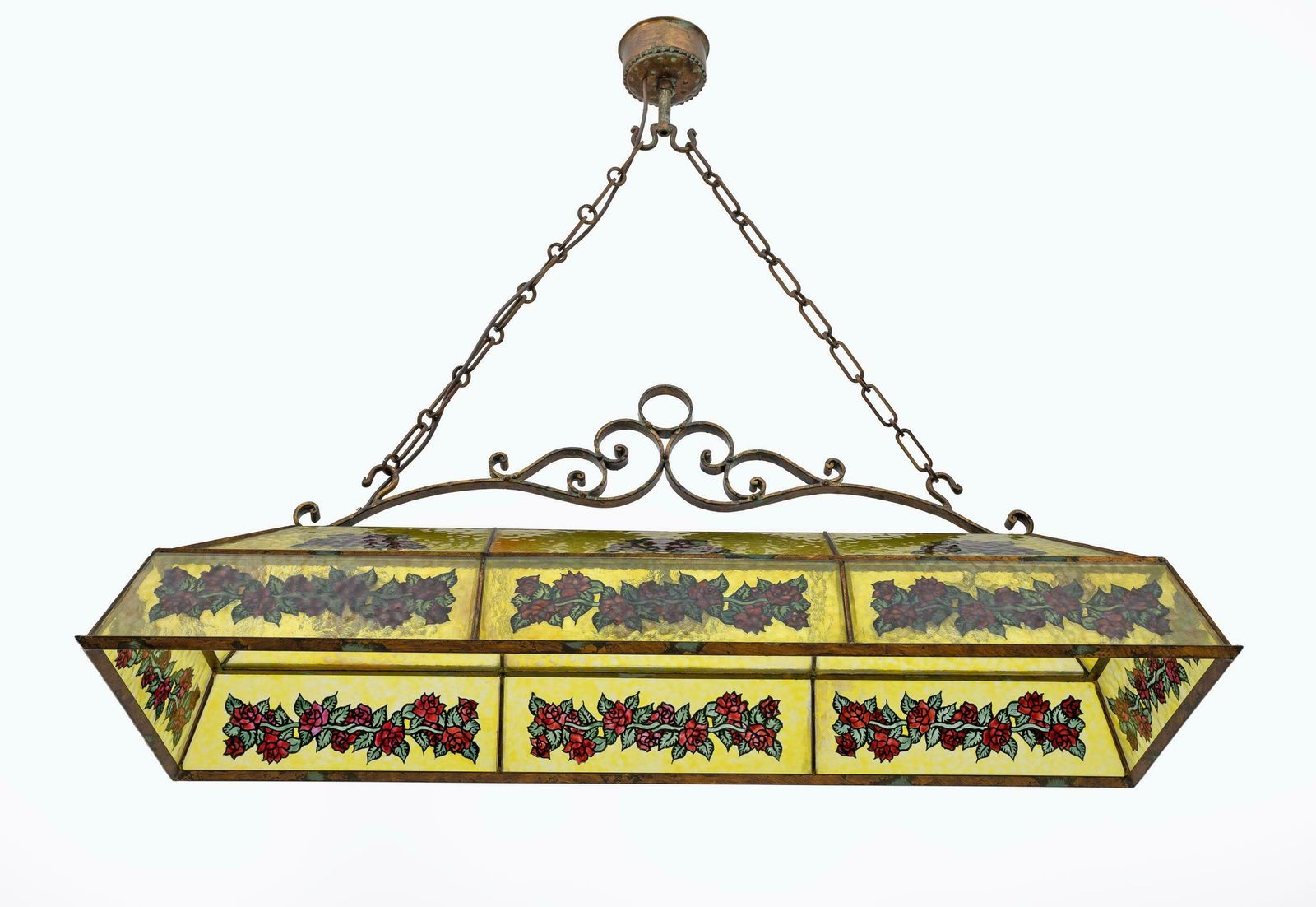 Rustic Hand Painted Wrought Iron And Glass Pendant Chandelier, 1960s photo Lighting