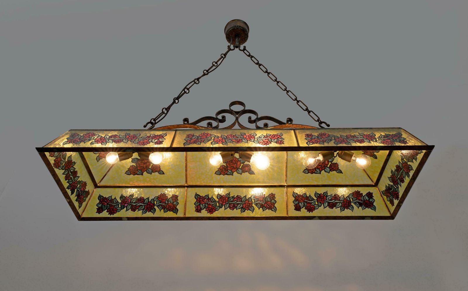 Rustic Hand Painted Wrought Iron And Glass Pendant Chandelier, 1960s photo vinterior