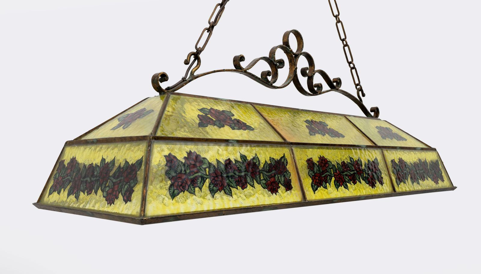 Rustic Hand Painted Wrought Iron And Glass Pendant Chandelier, 1960s photo vintage