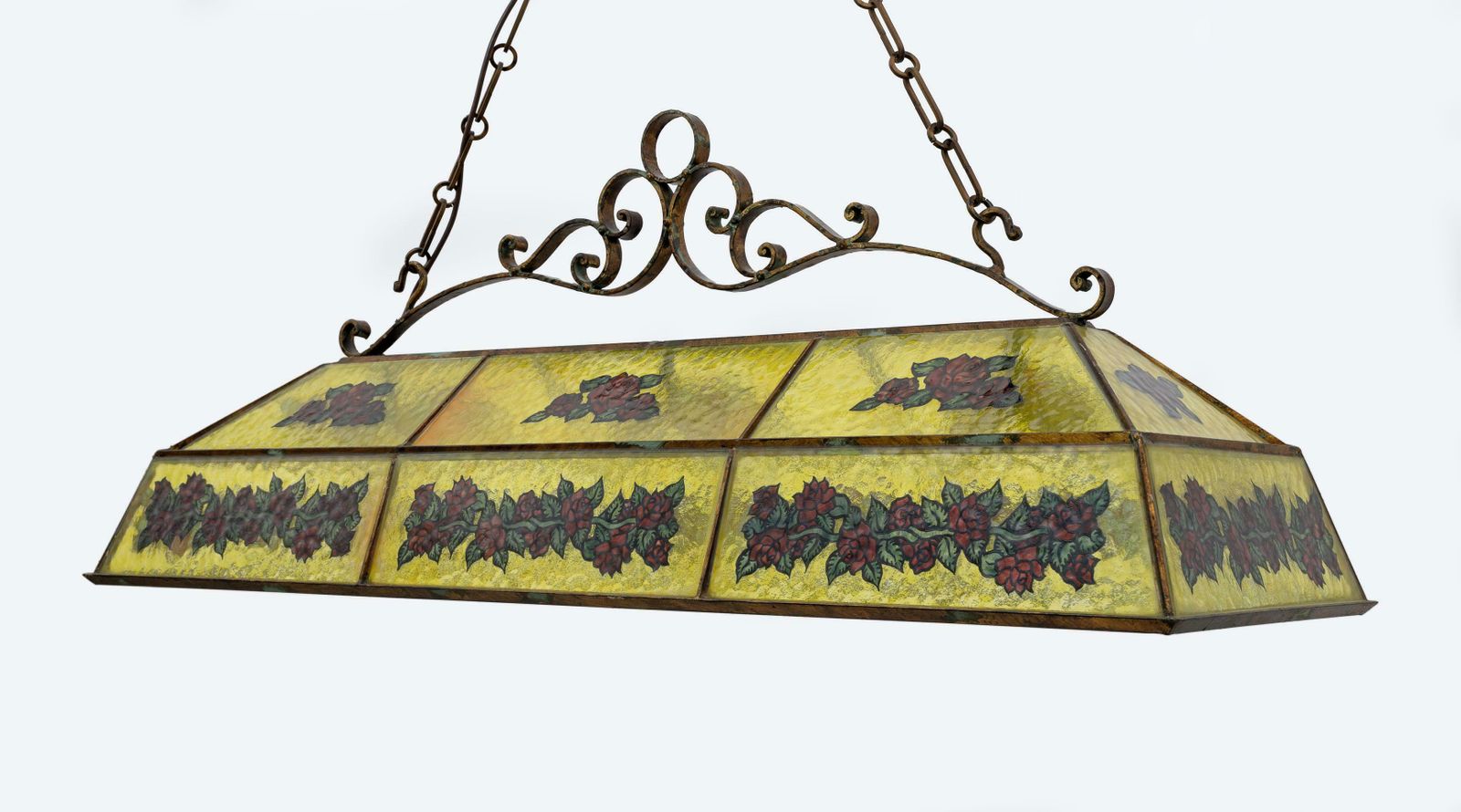 photo furniture Rustic Hand Painted Wrought Iron And Glass Pendant Chandelier, 1960s