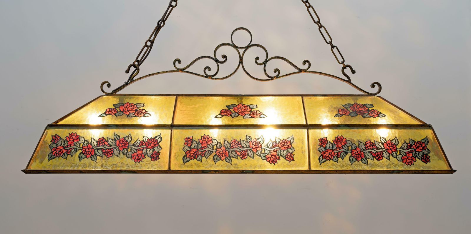 Lighting Rustic Hand Painted Wrought Iron And Glass Pendant Chandelier, 1960s photo