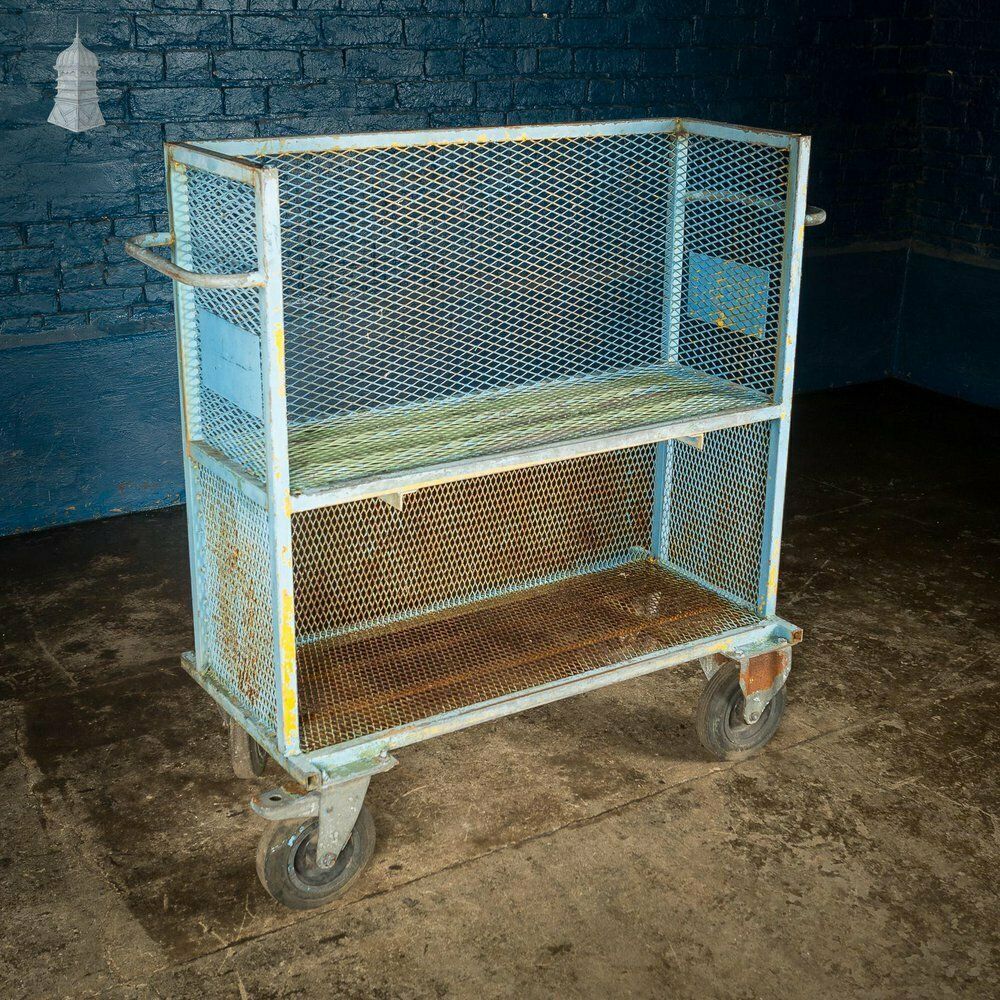 Vintage Industrial Blue Steel Trolley Mobile Shelving Unit photo furniture