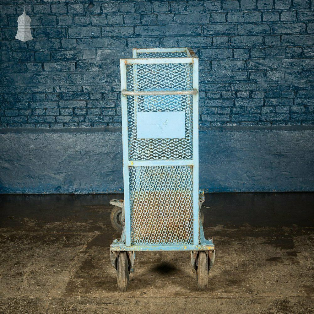 Furniture Vintage Industrial Blue Steel Trolley Mobile Shelving Unit photo