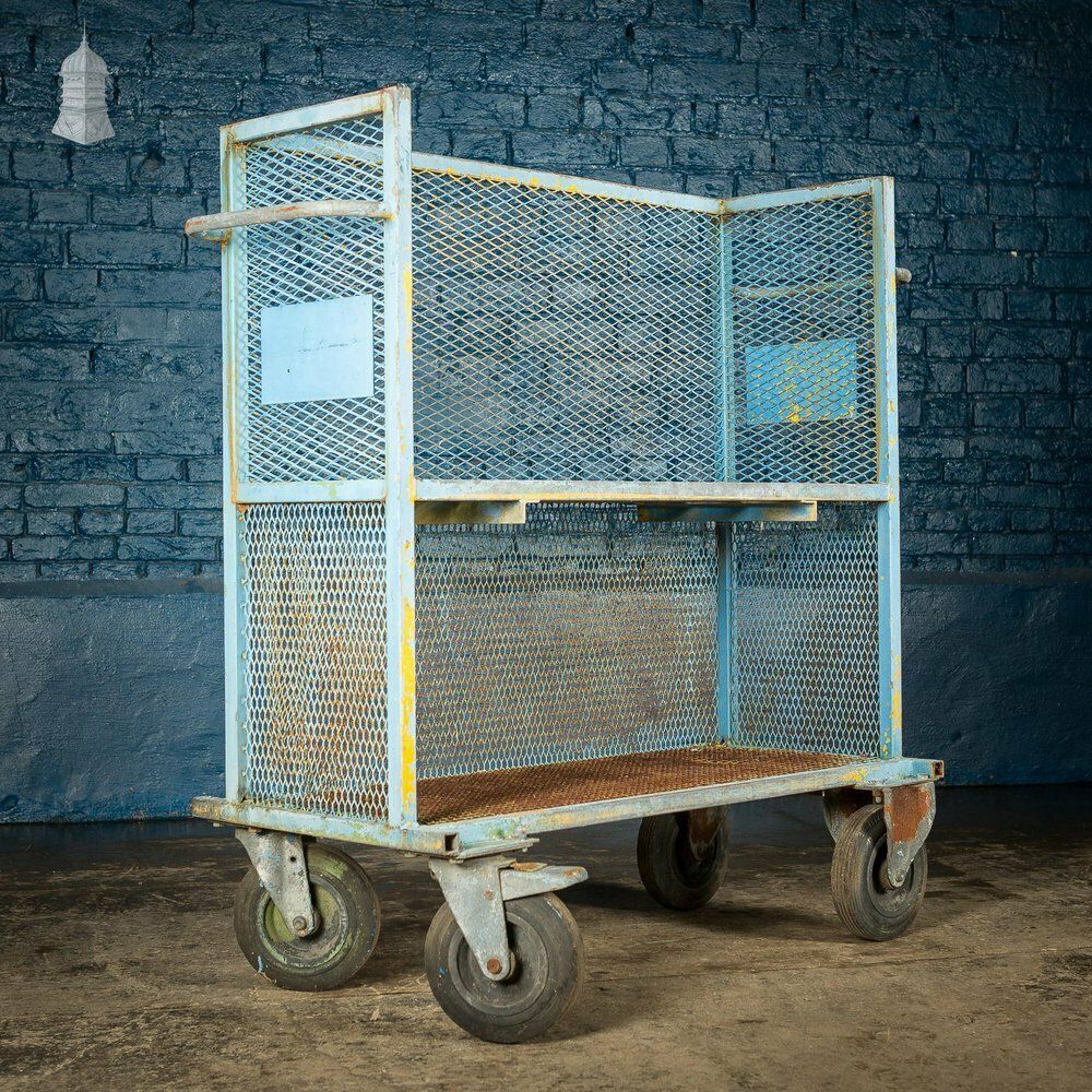 240.0 Vintage Industrial Blue Steel Trolley Mobile Shelving Unit photo