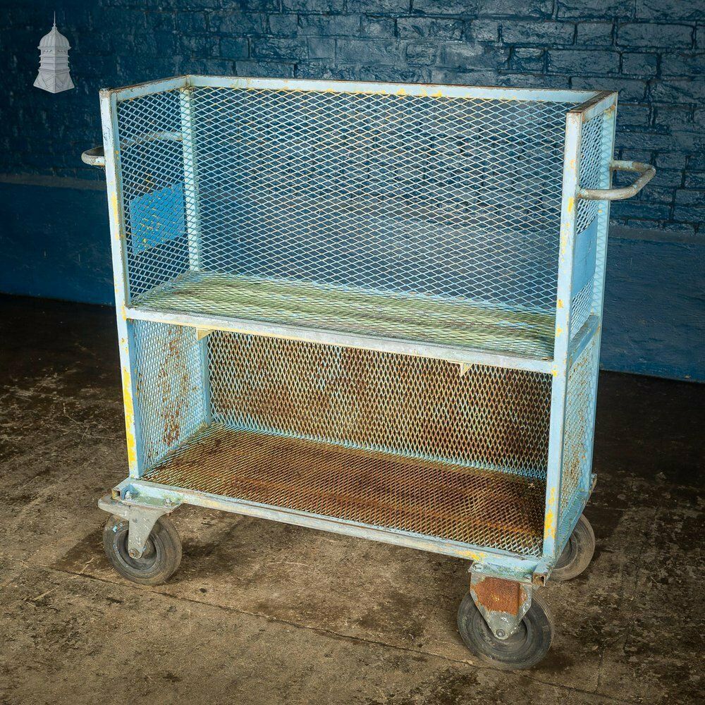 photo vinterior Vintage Industrial Blue Steel Trolley Mobile Shelving Unit