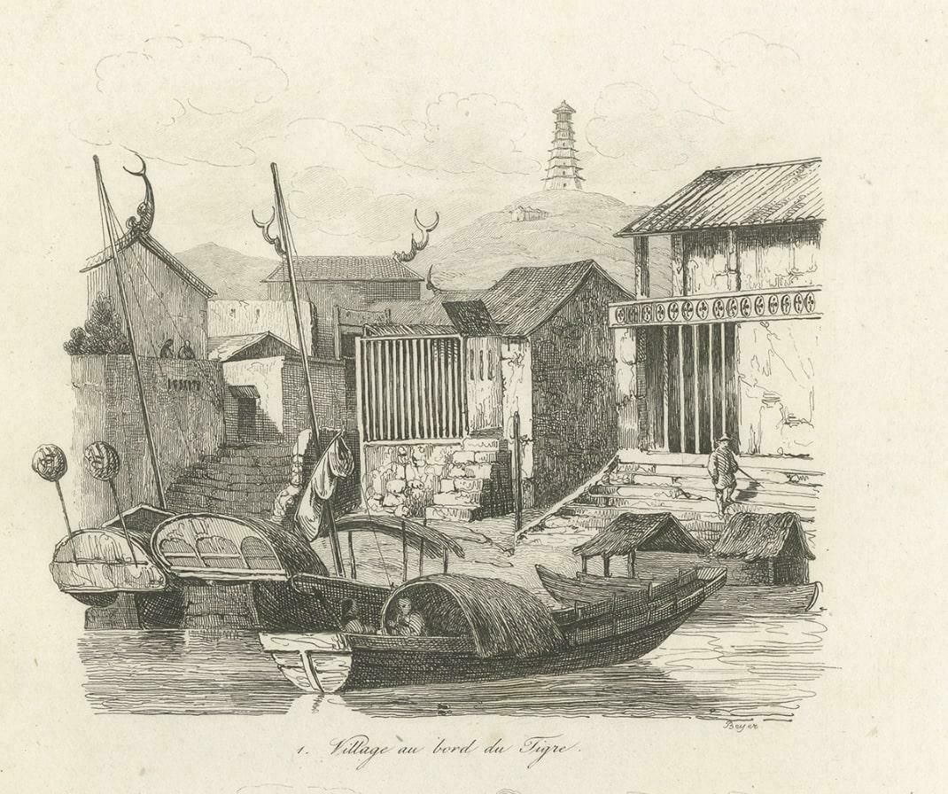 Antique Print Of Chinese Boats And A Chinese Village By Dumont D'urville '1834 photo for sale