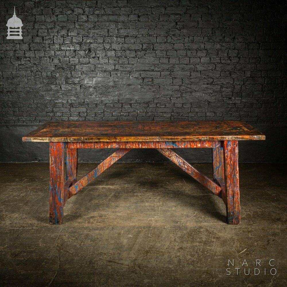 Narc Studio Pine Splay Leg Trestle Table With Abstract Painted Finish photo for sale