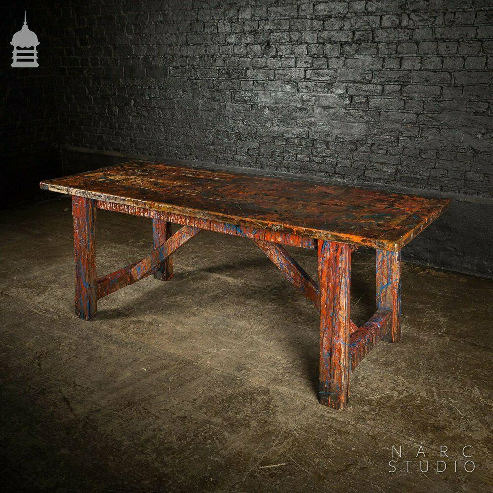 Narc Studio Pine Splay Leg Trestle Table With Abstract Painted Finish photo Furniture