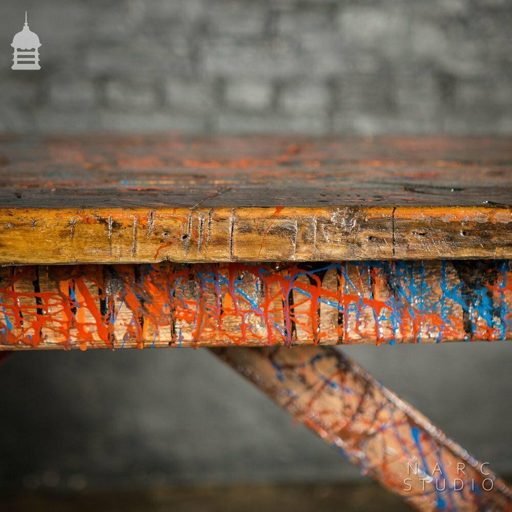 Narc Studio Pine Splay Leg Trestle Table With Abstract Painted Finish photo vintage