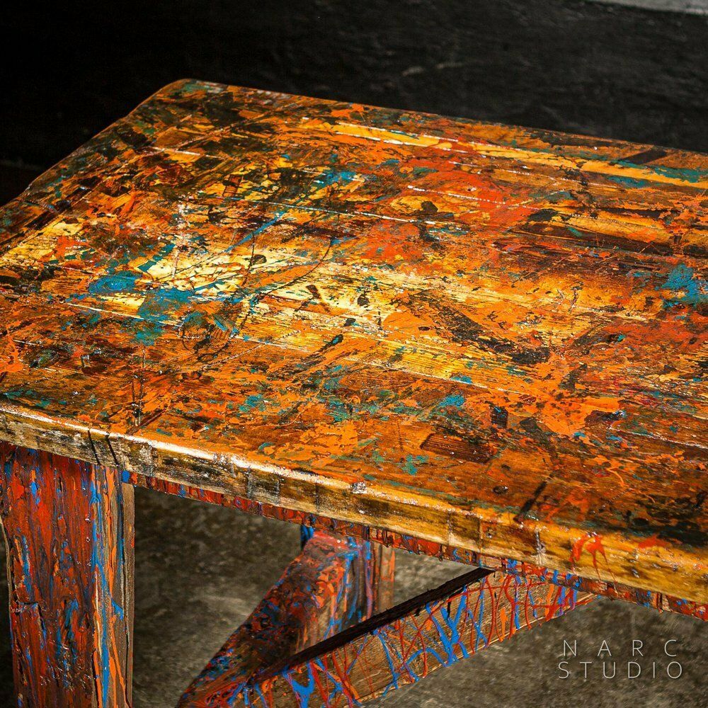 Furniture Narc Studio Pine Splay Leg Trestle Table With Abstract Painted Finish photo