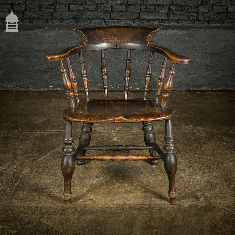 19th C Captains Bow Seat Smokers Chair With Turned Arm Supports And Double H Stretcher