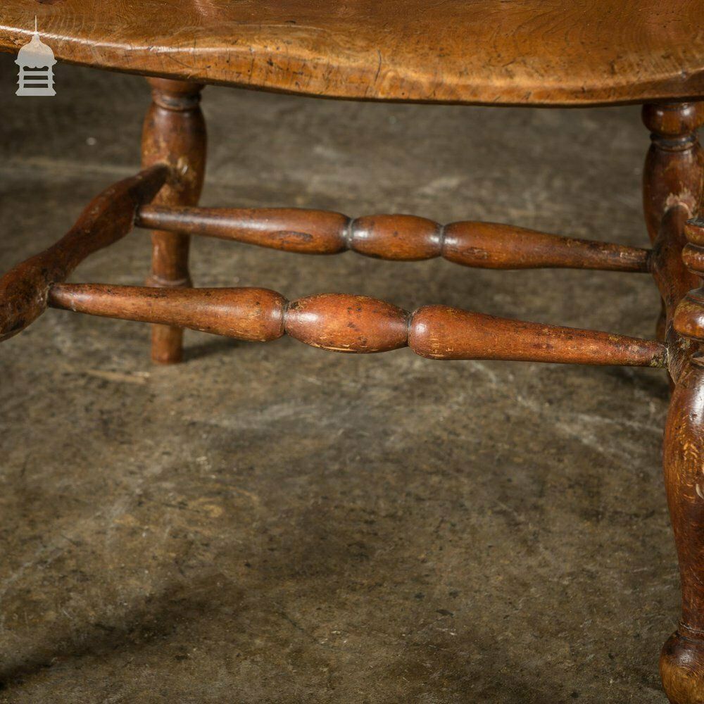 19th C Elm Captains Bow Seat Smokers Chair With Turned Arm Support And Double H Stretcher photo 900.0