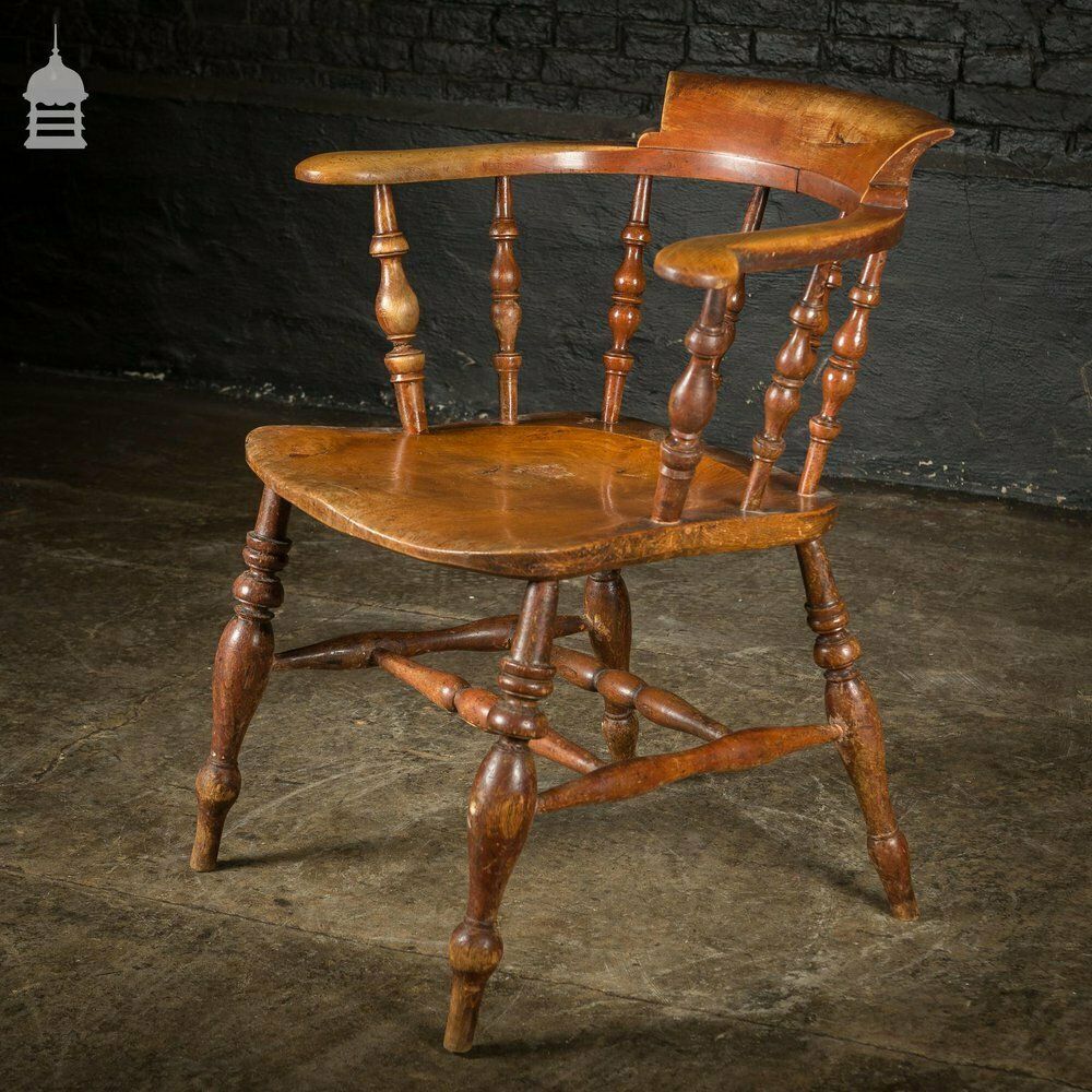 photo buy 19th C Elm Captains Bow Seat Smokers Chair With Turned Arm Support And Double H Stretcher