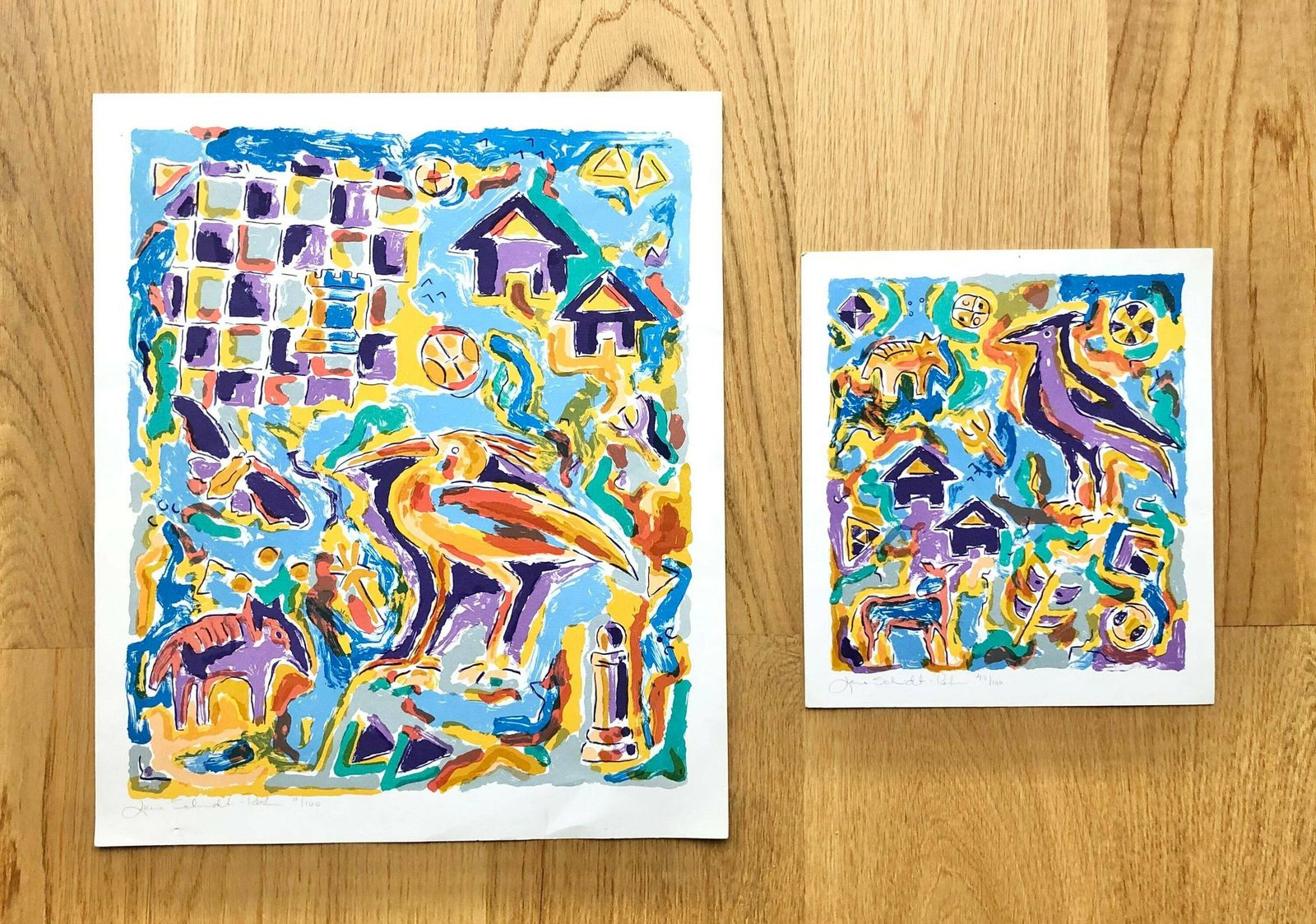 Two Original Danish Abstract Lithographs With Animal Motives By Lene Schmidt Petersen (1950 )   Colorful Expressionistic Art From Denmark