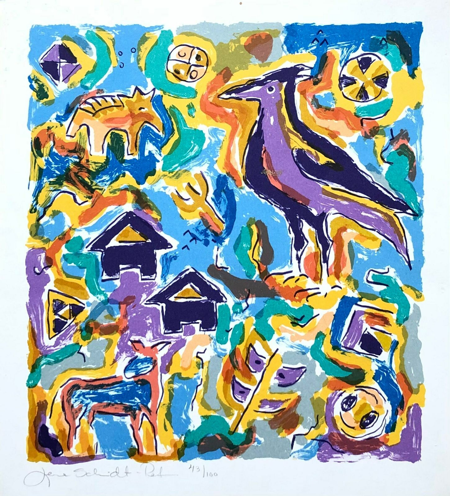 Two Original Danish Abstract Lithographs With Animal Motives By Lene Schmidt Petersen (1950 )   Colorful Expressionistic Art From Denmark photo for sale