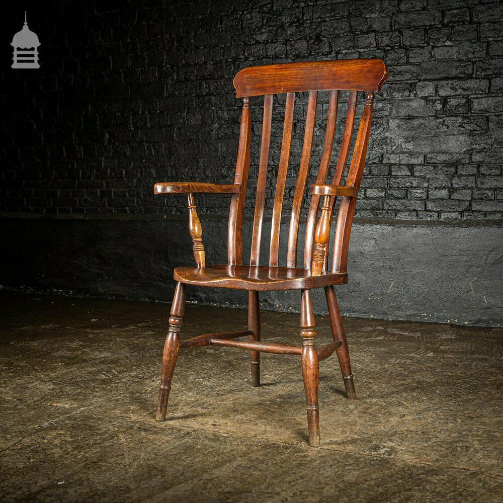 photo vintage 19th C Lath Back Windsor Armchair With H Stretcher And Turned Arm Supports