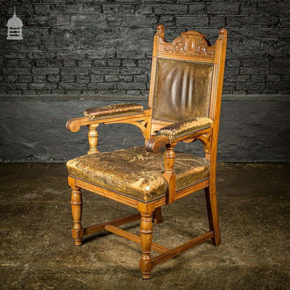 19th C Oak H Stretcher Throne Chair With Studded Worn Leather Seats, Arms And Back