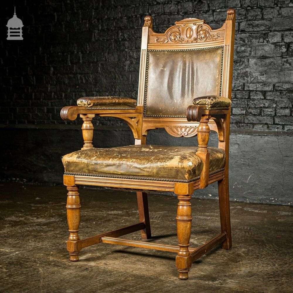 19th C Oak H Stretcher Throne Chair With Studded Worn Leather Seats, Arms And Back photo furniture