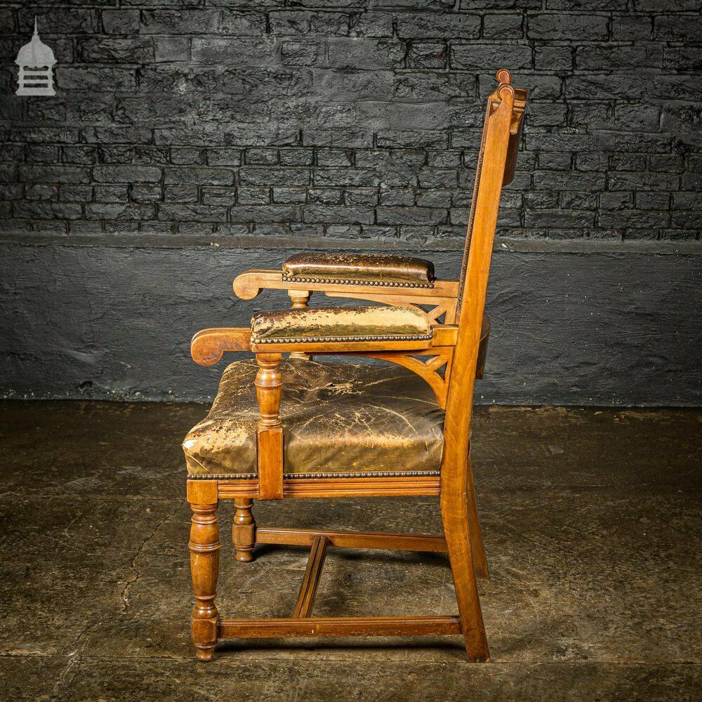 19th C Oak H Stretcher Throne Chair With Studded Worn Leather Seats, Arms And Back photo buy