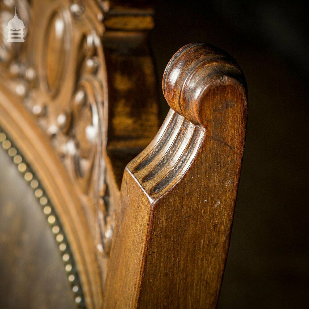 Furniture 19th C Oak H Stretcher Throne Chair With Studded Worn Leather Seats, Arms And Back photo