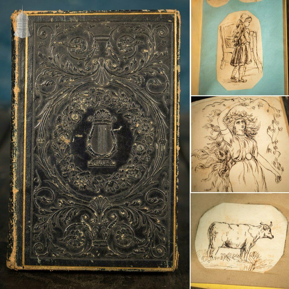 A 19th C Small Black Leather Bound Sketch Book Album Containing Various Original Drawings