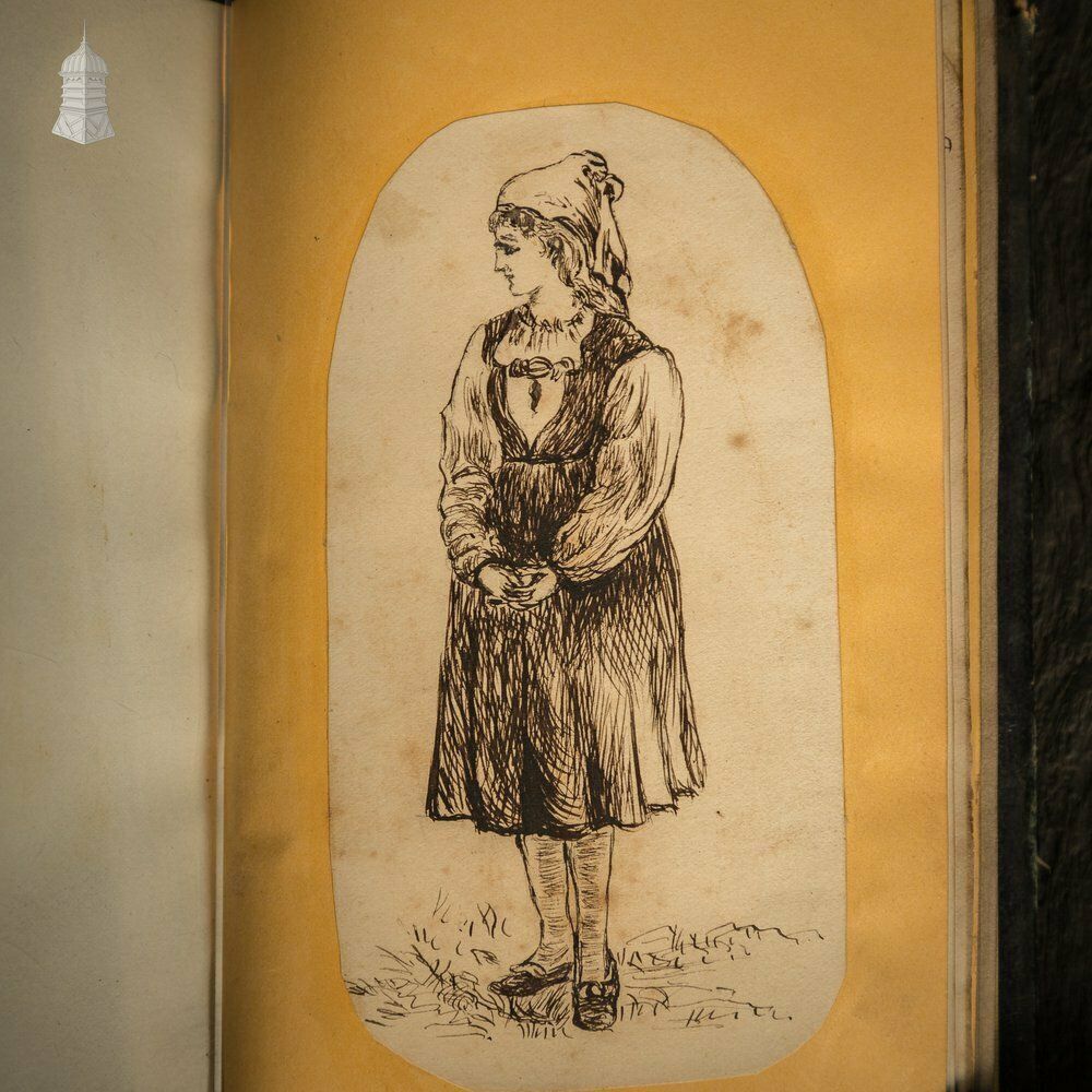 A 19th C Small Black Leather Bound Sketch Book Album Containing Various Original Drawings photo vinterior