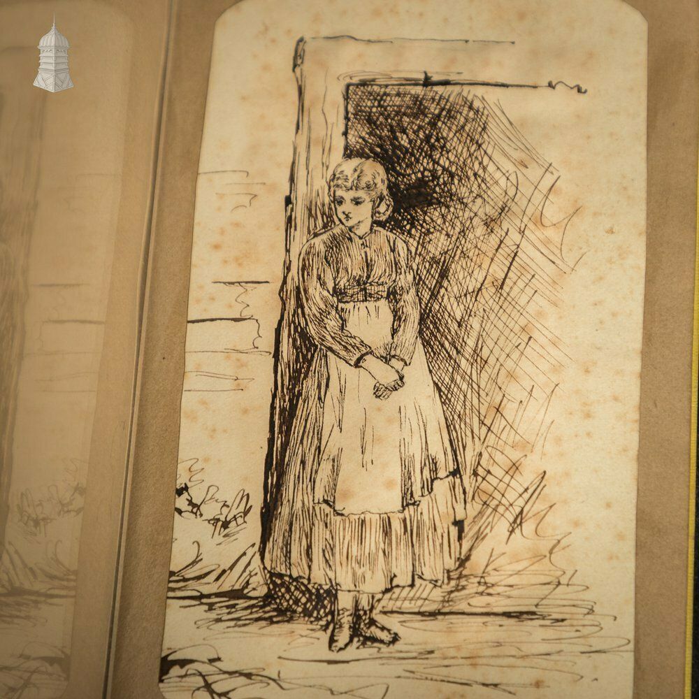 photo vinterior A 19th C Small Black Leather Bound Sketch Book Album Containing Various Original Drawings