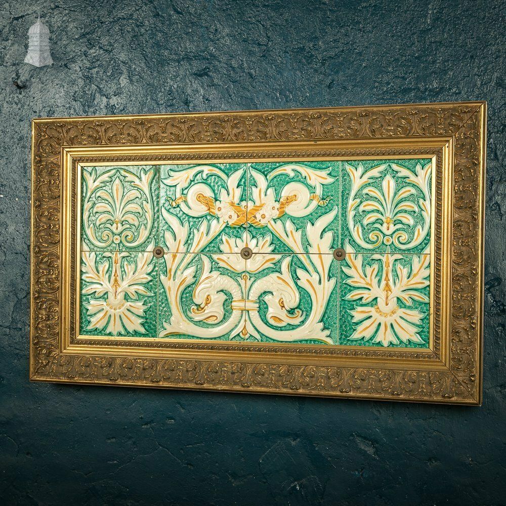 Set Of 8 Glazed Decorative Tiles From A Sainsburys Food Hall Mounted In Later Gold Frame photo for sale