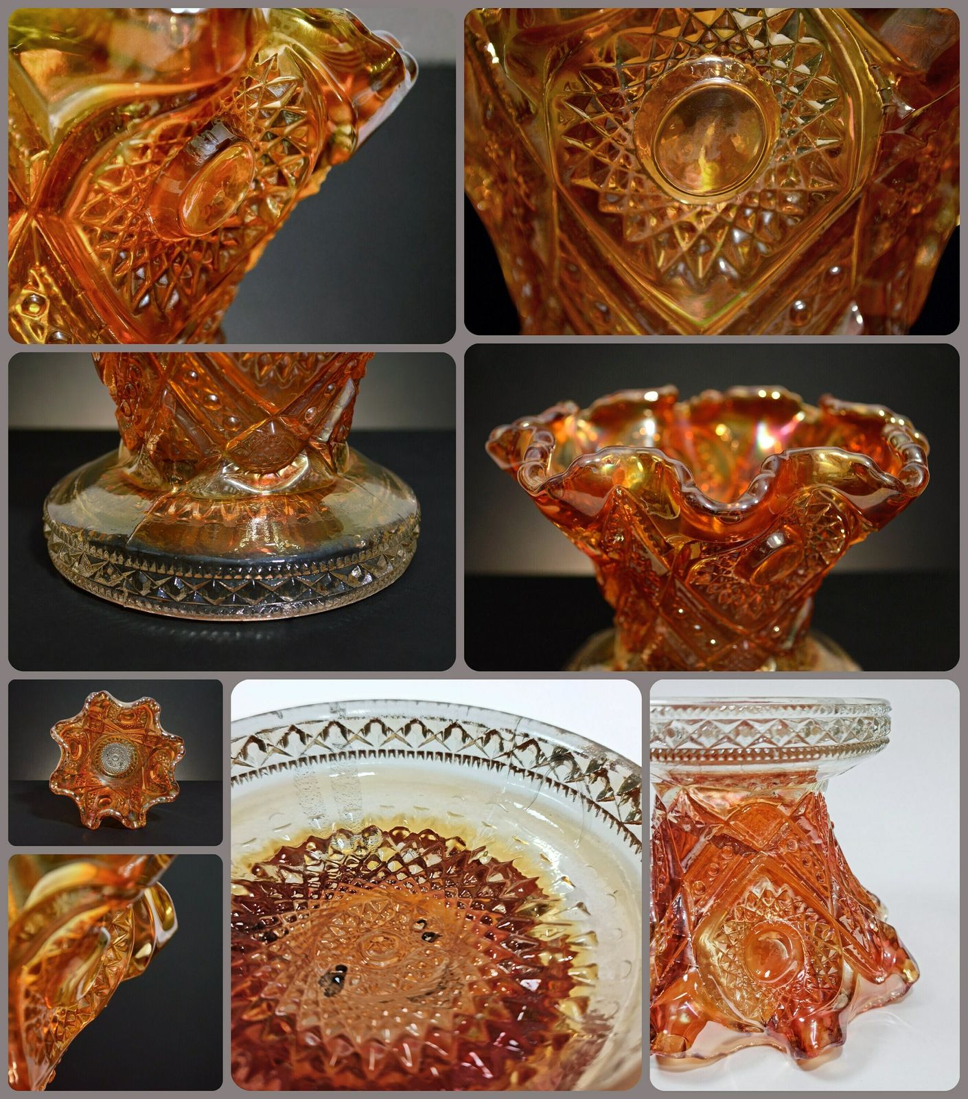 Carnival Glass Collection, Fenton Autumn Acorns Bowl, Imperial Hobstar Pedestal Vase, Imperial Pillar Flute Bowl photo Home Decor