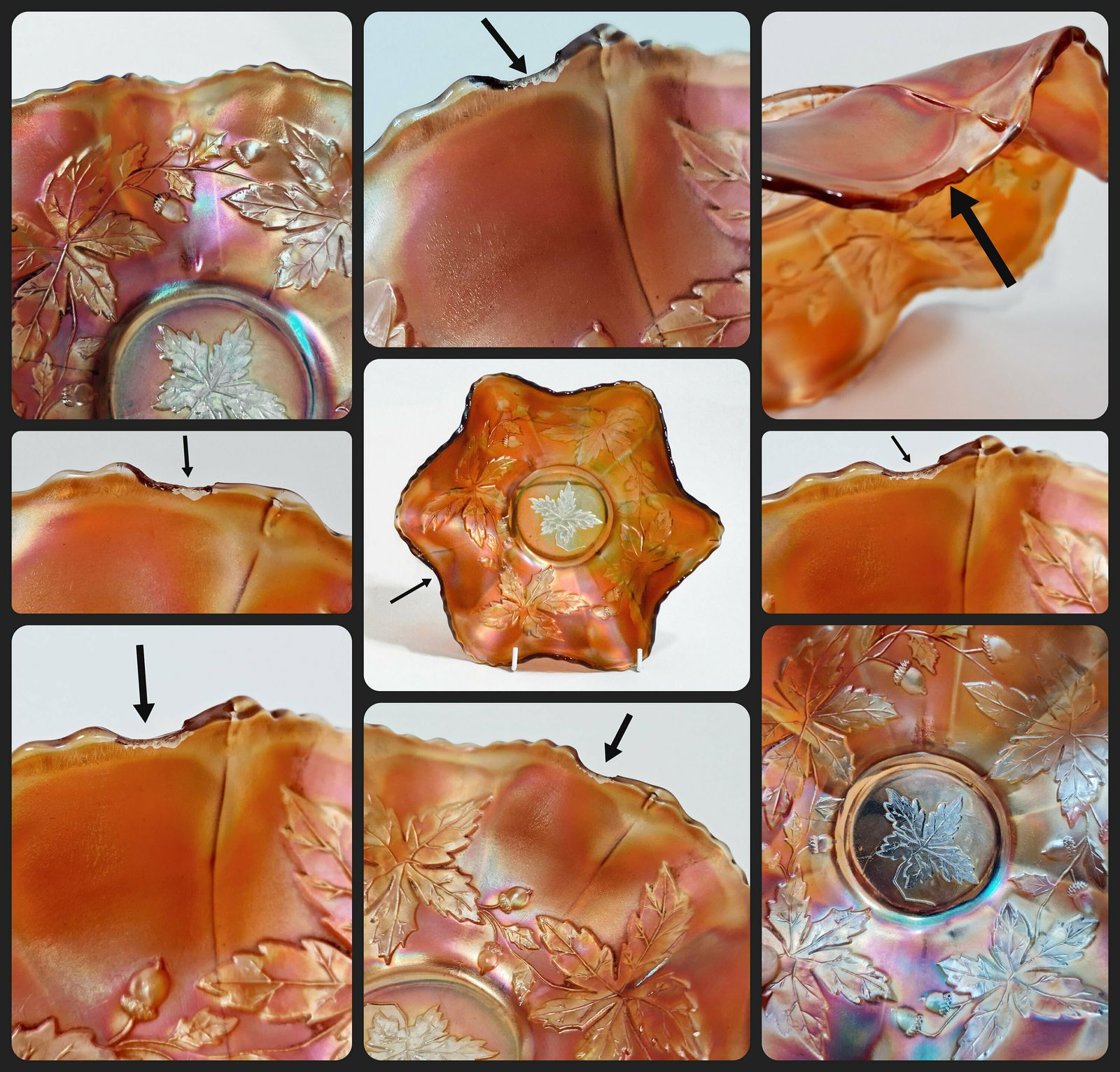 Home Decor Carnival Glass Collection, Fenton Autumn Acorns Bowl, Imperial Hobstar Pedestal Vase, Imperial Pillar Flute Bowl photo