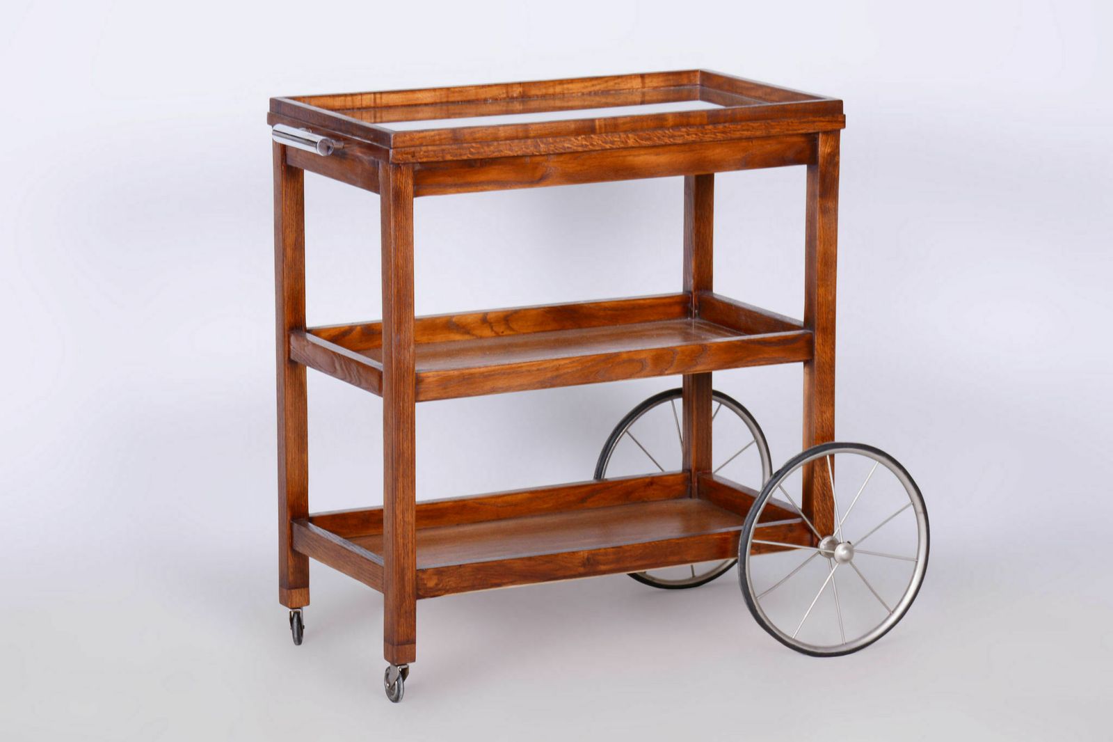 Restored Art Deco Trolley, By Thonet, Oak, Glass, Veneer, Chrome, Czech, 1920s